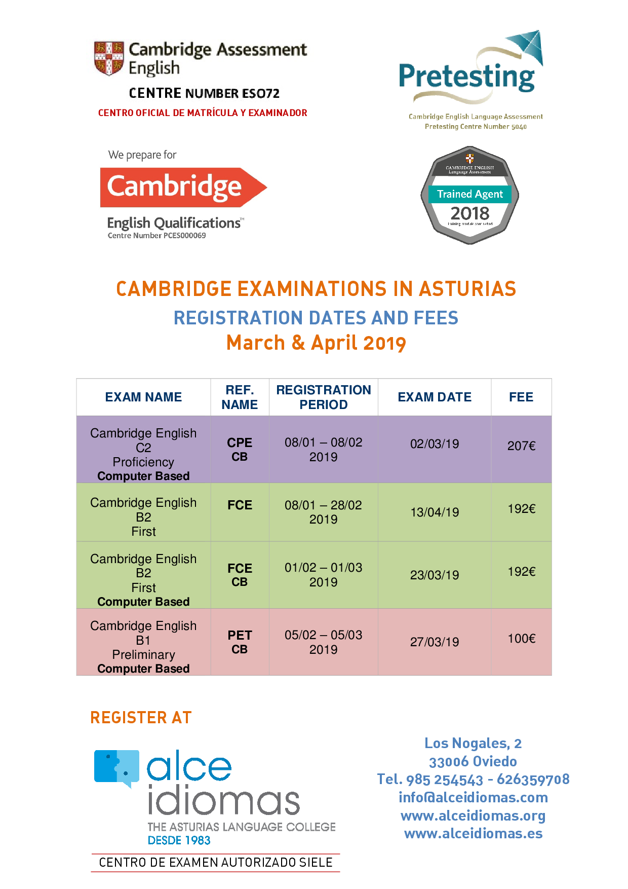 EXÁMENES DE CAMBRIDGE EN OVIEDO CONVOCATORIAS MARZO Y ABRIL 2019