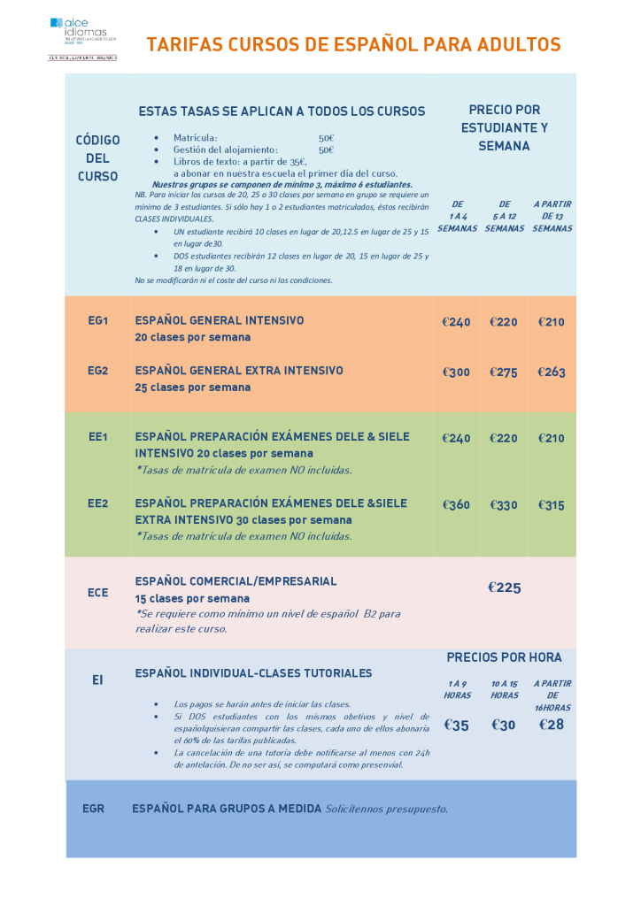 TARIFAS ESPANOL ADULTOS 2023